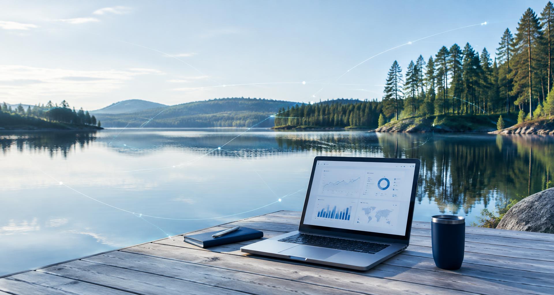 A laptop on a wooden jetty by a calm Nordic lake with pine forest, overlaid with faint lines suggesting digital connection